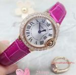 Replica Cartier Gold Silver Face Diamond Bezel Pink Leather Strap Ladies Watch